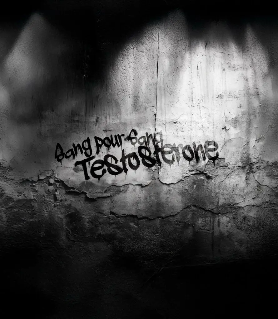 Inscription Sang pour Sang Testostérone sur un mur brut en noir et blanc