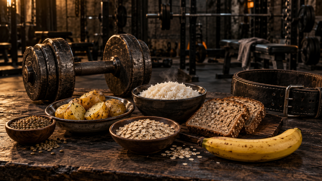 Sources de glucides pour la musculation avec riz, pommes de terre, pain complet, avoine et banane