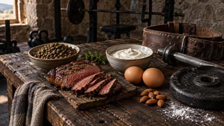 Aliments riches en protéines et matériel de musculation dans une salle old school