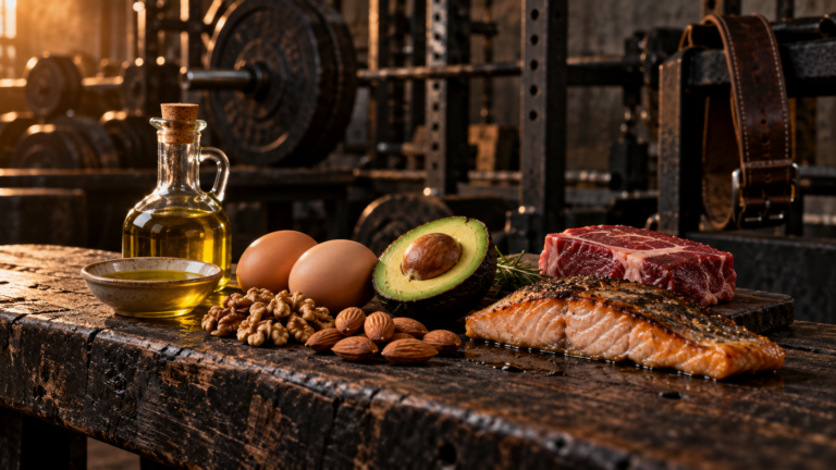 Sources de lipides pour la musculation avec huile d’olive, œufs, avocat, noix, poisson et viande